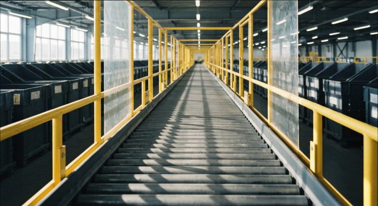 An empty industrial conveyor belt system in a quiet sorting facility during a holiday closure with soft window lighting.