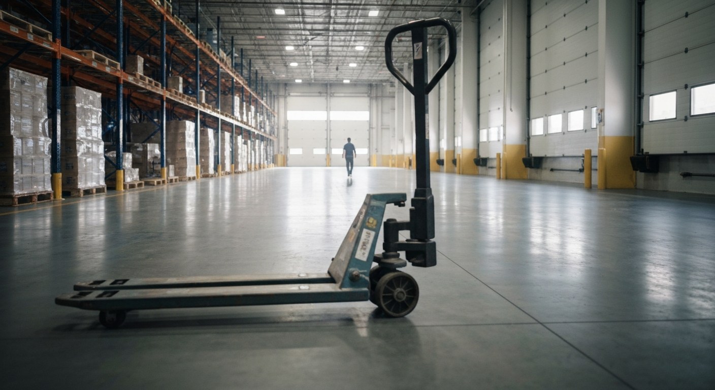 Quiet Warehouse Shift Quiet warehouse floor with a long aisle and natural light streaming through a bay door