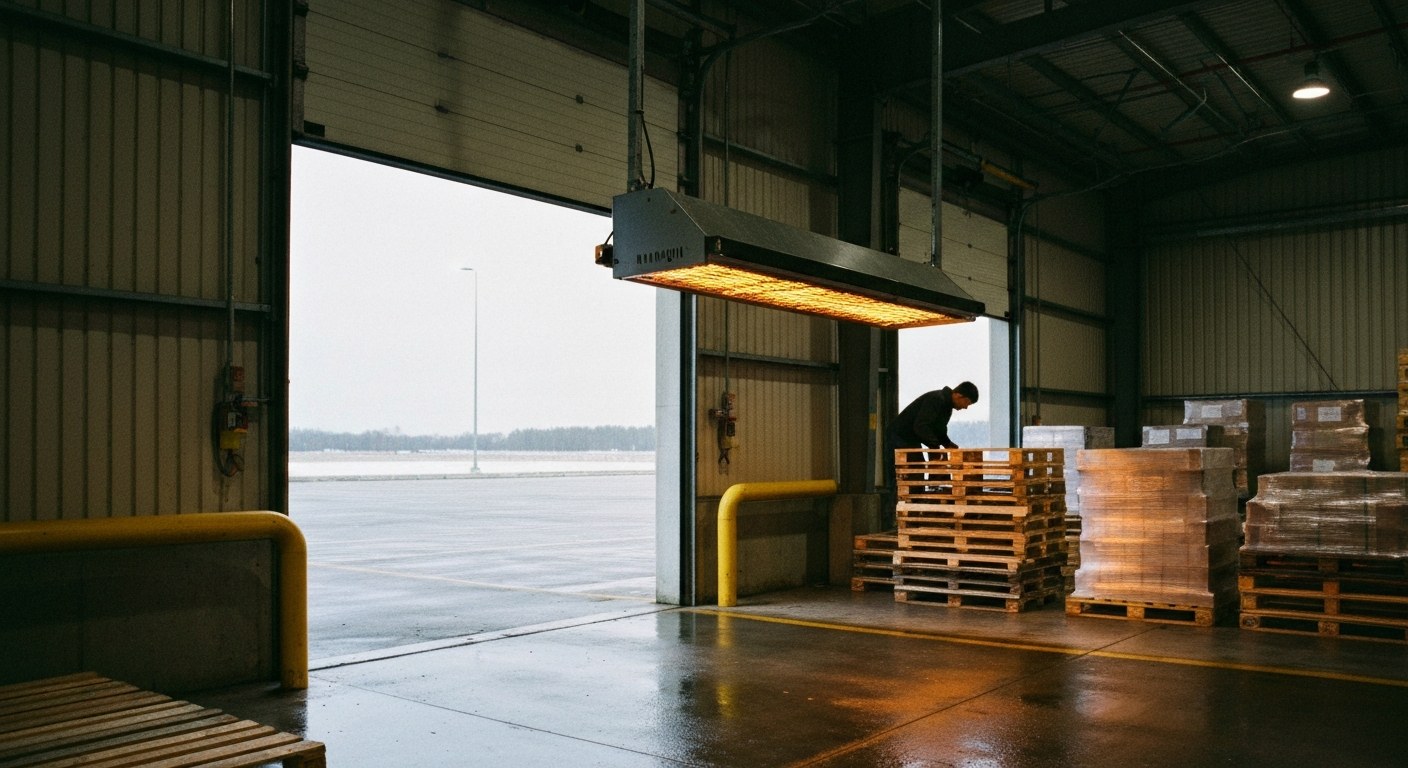 Radiant Infrared Heater Loading Dock A radiant infrared heating panel mounted above an open loading dock door in a winter warehouse.