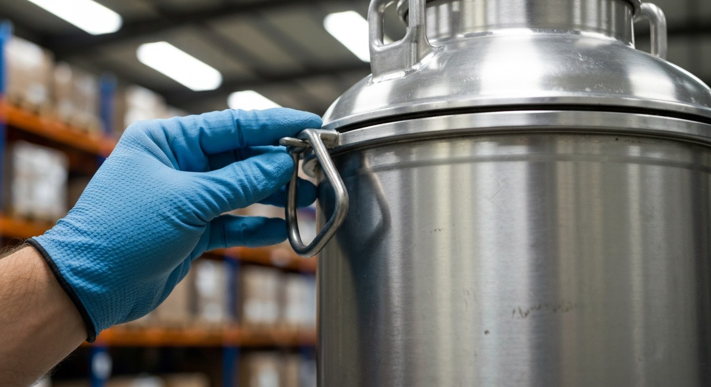 Radiation Containment Safety Inspection Close-up of a gloved hand inspecting the safety seal on a silver cylindrical radiation containment canister in a warehouse.