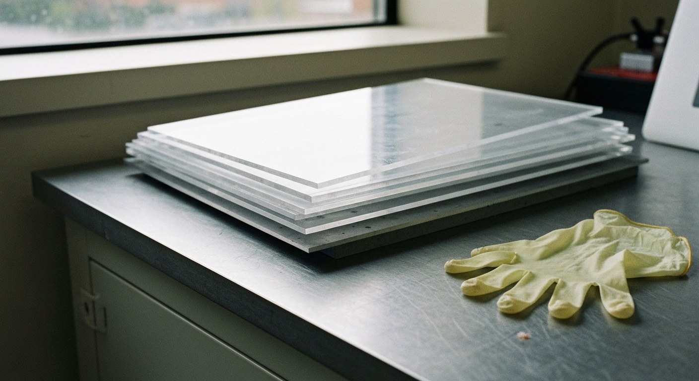 Multi-Layer Radiation Shielding Materials Stacked acrylic and lead shielding materials on a laboratory workbench.