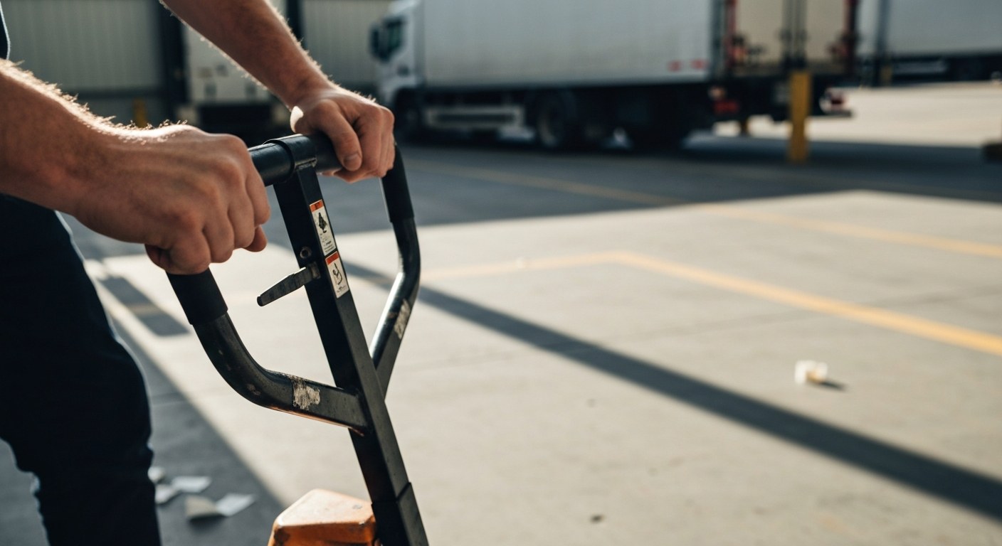 Rapid Inventory Turnover in Motion Close-up of a worker's hands on a pallet jack handle in a loading dock with soft natural lighting.