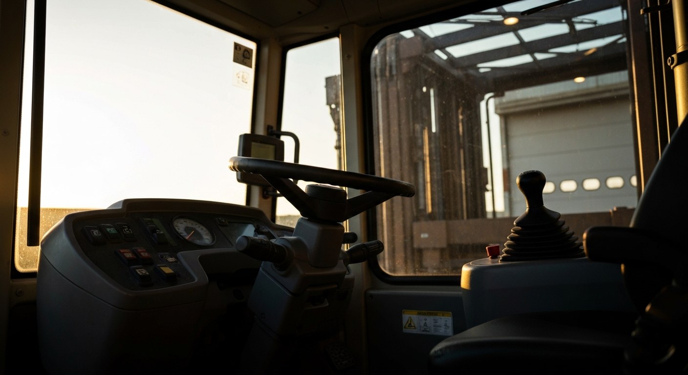 Heavy Machinery Operation Safety Interior of a heavy-duty warehouse reach truck cockpit showing controls and levers.