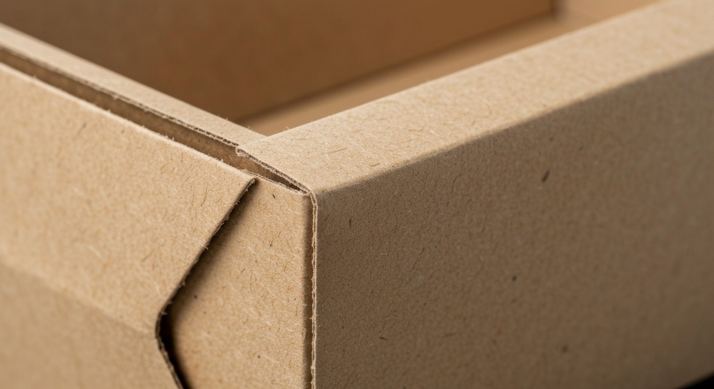 Advanced Fiber-Based Packaging Materials Extreme macro detail of the recycled paper fibers in a modern food packaging sleeve.