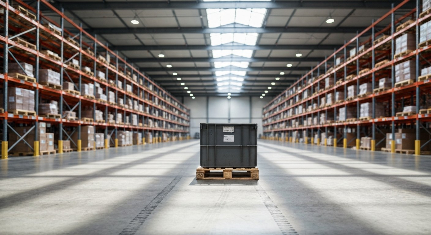 Regional Distribution Center Holding Area Interior of a large, organized warehouse with industrial crates on pallets and tall metal shelving.