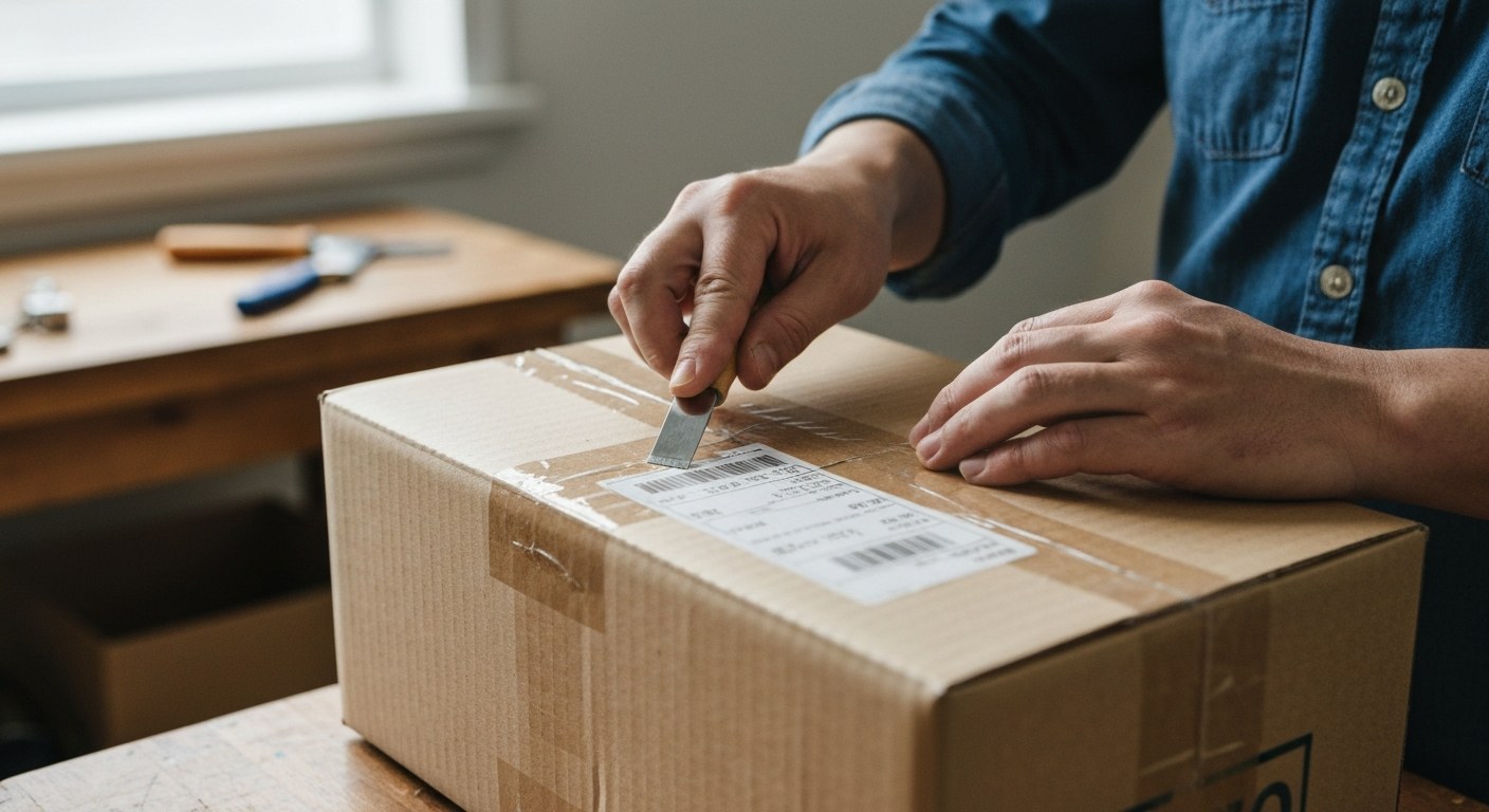 Close-up of hands using a metal tool to peel a white shipping label off a brown cardboard box on a wooden table.
