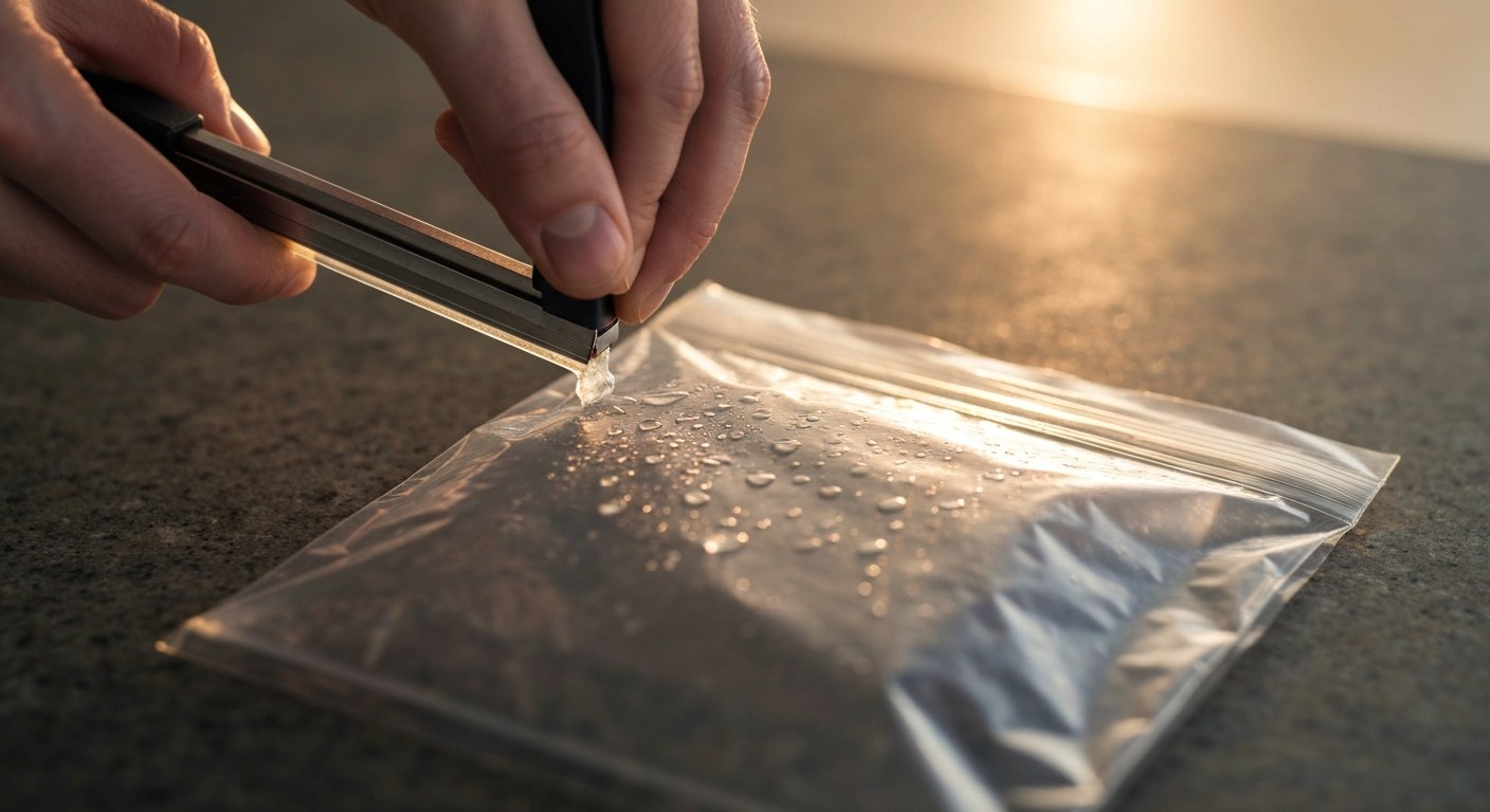 A handheld heat sealer closing a plastic storage bag on a stone countertop during golden hour.