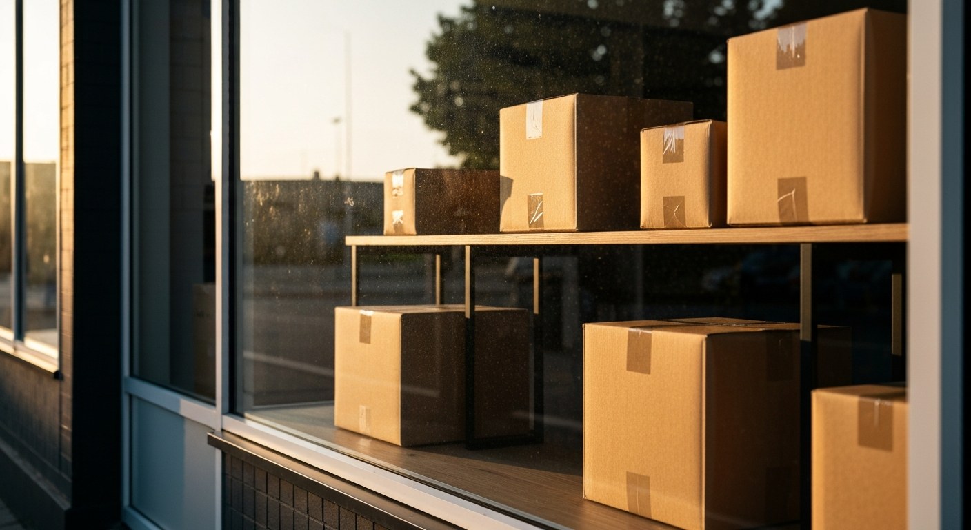 Looking through a glass window at a shelf of parcels inside a modern local shop during golden hour.