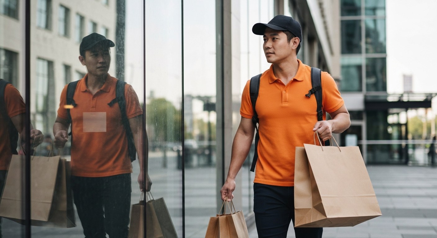 A person carries paper shopping bags while walking toward a modern retail store entrance with glass windows.
