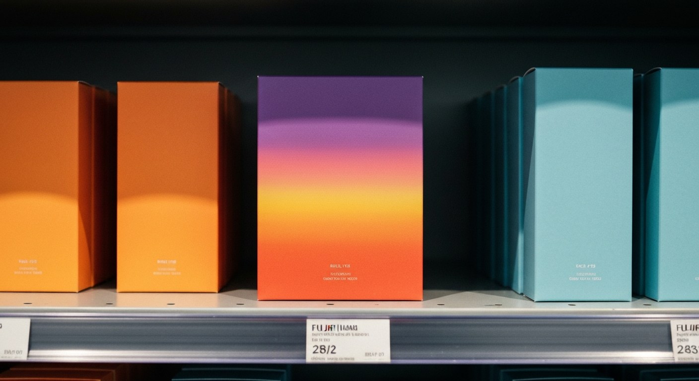 A retail shelf display featuring various packages with one uniquely shaped box using a sunset gradient color scheme.
