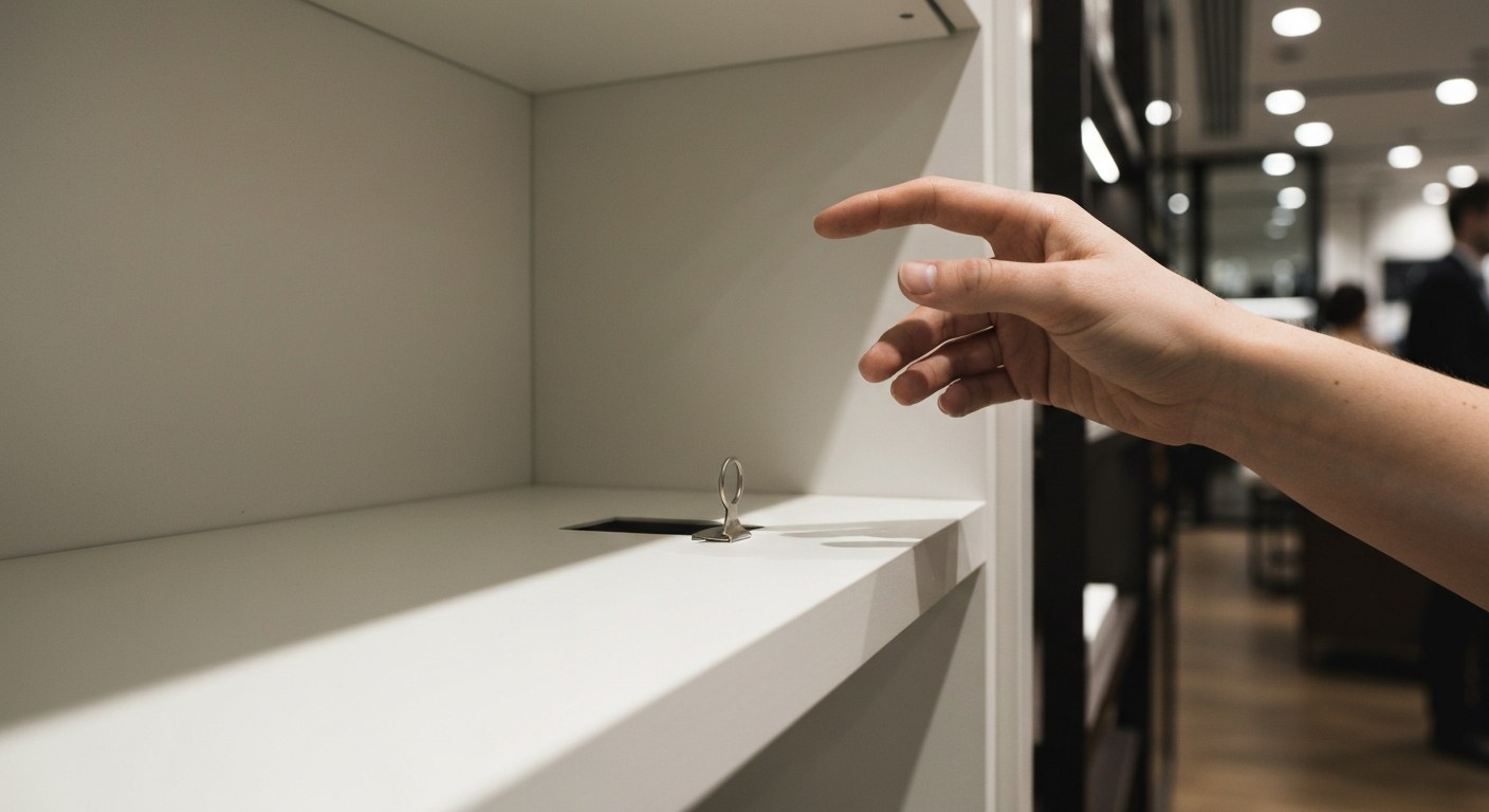 A close-up of an empty retail shelf with a store worker's hand reaching toward the out-of-stock space.