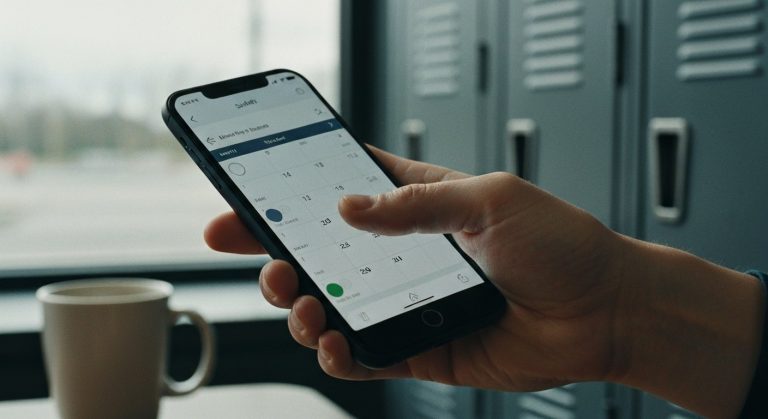 Walmart Attendance Policy 2026: Fired at 5? (Explained) 4 Close-up of a person's hand holding a smartphone showing a work schedule in a dimly lit breakroom.