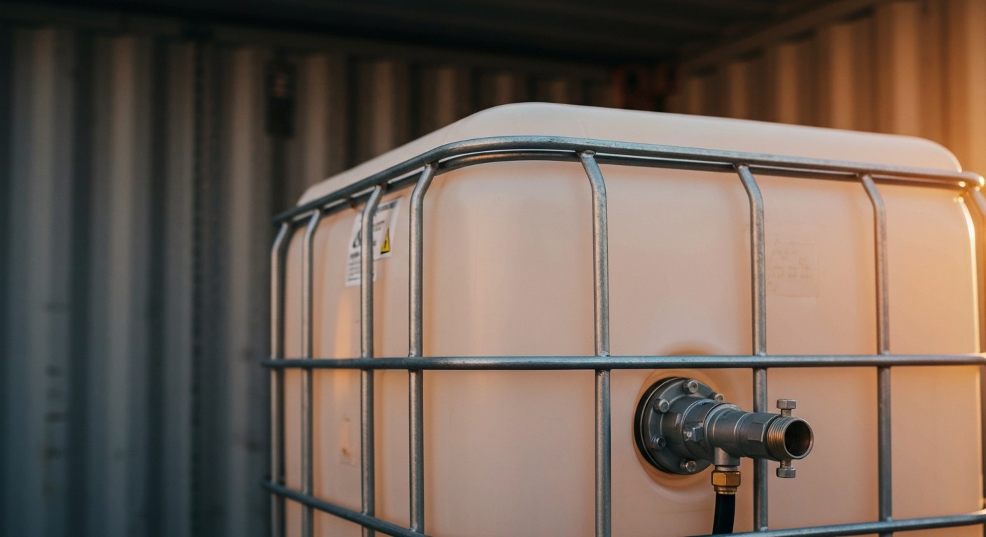 Close-up of a rigid IBC container's metal cage and plastic tank showing realistic industrial wear.