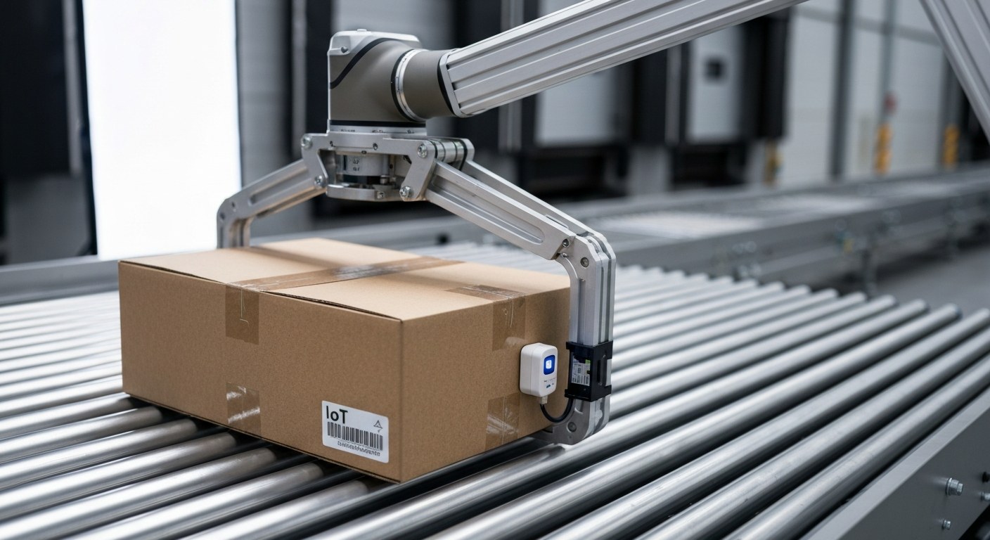 Close-up of a robotic arm lifting a cardboard box with an IoT sensor on a warehouse conveyor belt.