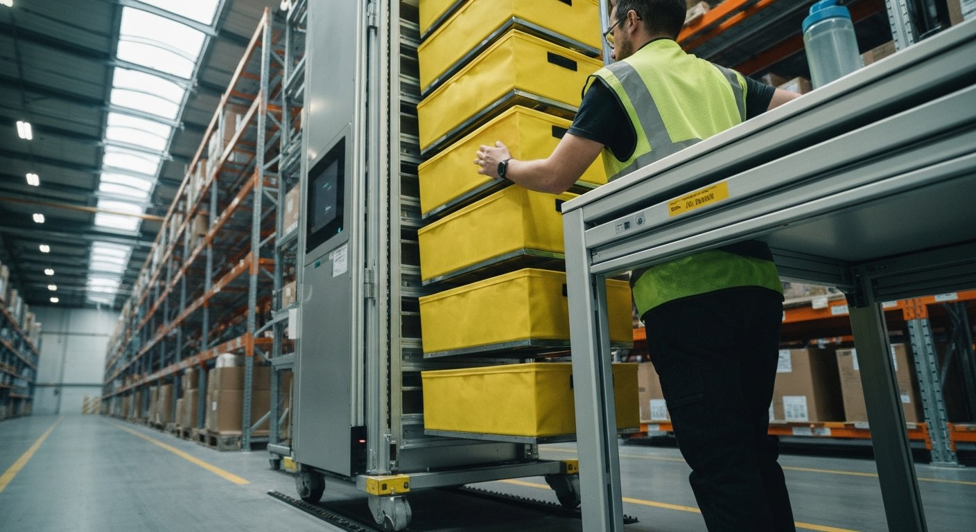 Robotic Fulfillment Center Stow Station A warehouse worker stands at a robotic stow station, placing inventory into a tall yellow mobile shelving unit.