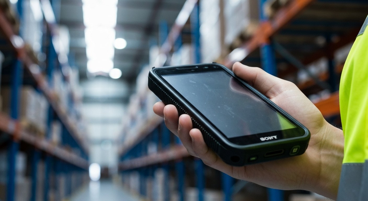 Modern Warehouse Mobile Computer Handheld A worker holding a rugged handheld mobile computer in a warehouse, focus on the device screen and hand.