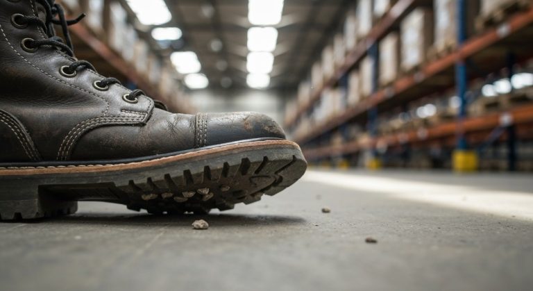 Close-up of scuffed leather industrial safety boots on a warehouse floor.
