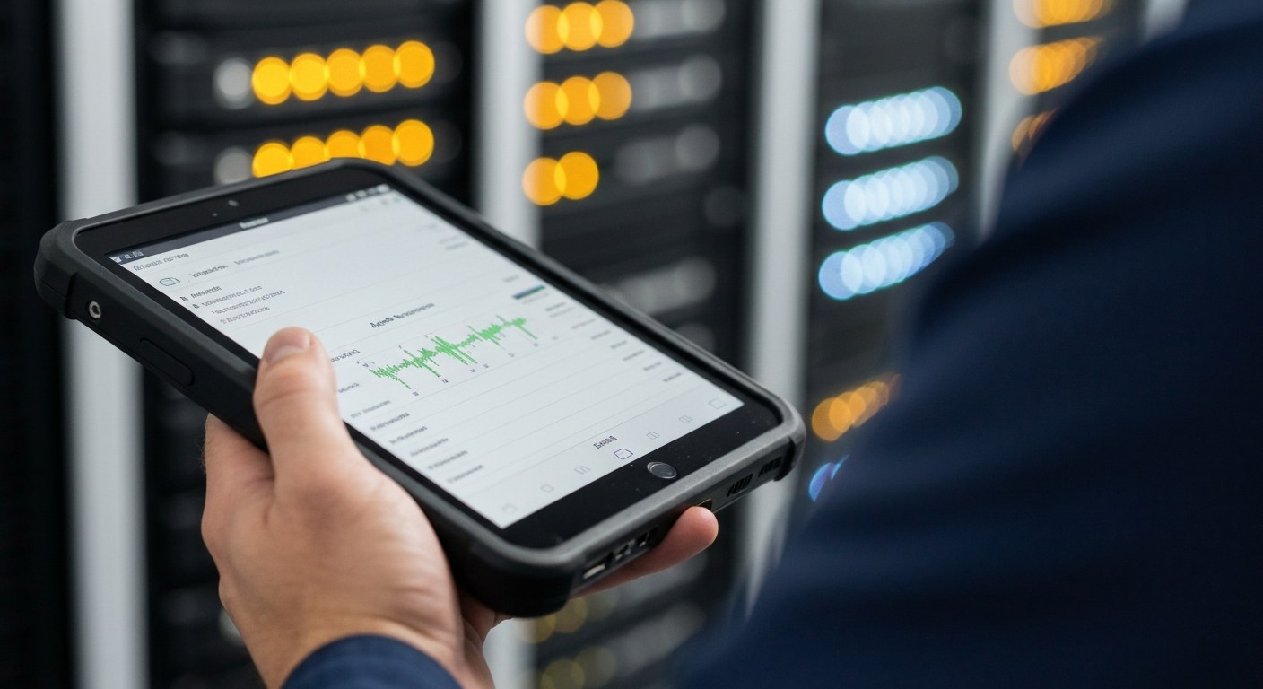 Real-Time IT Asset Monitoring and Data Close-up of a hand holding a rugged tablet showing a data dashboard in front of blurred server equipment.