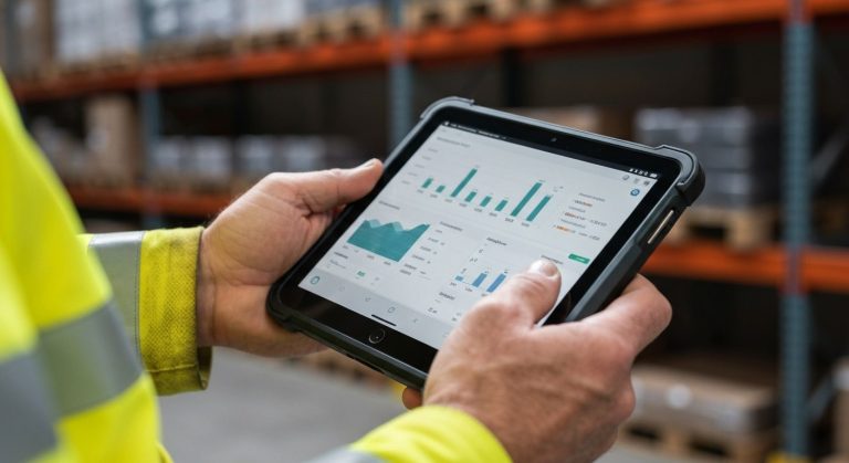 A close-up of a worker holding a rugged digital tablet displaying data in a modern warehouse setting.