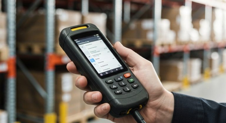 Close-up of a person's hand holding a rugged industrial scanner device in a blurred warehouse setting.