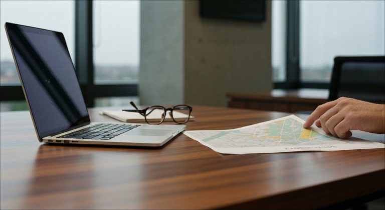 Close-up of a hand with realistic skin texture adjusting a map on a polished wooden desk in a bright office.