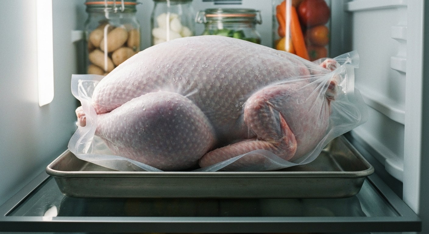 Safe Refrigerator Turkey Thawing Process A frozen turkey in plastic packaging sits on a metal tray inside a well-lit modern refrigerator shelf.