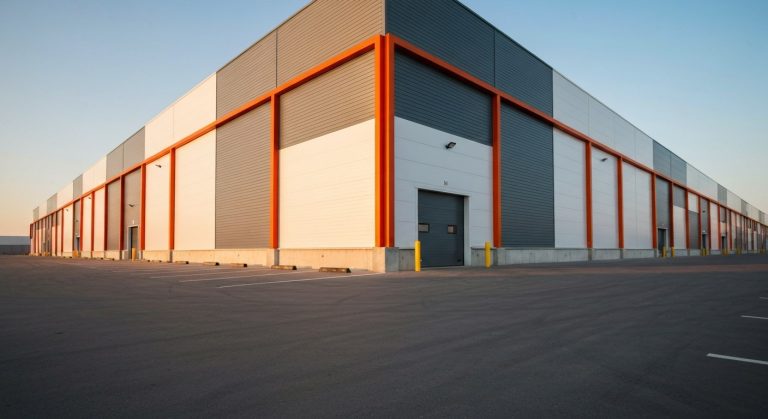 A modern white and gray distribution warehouse with orange accents under a warm golden hour sky and a large parking lot.