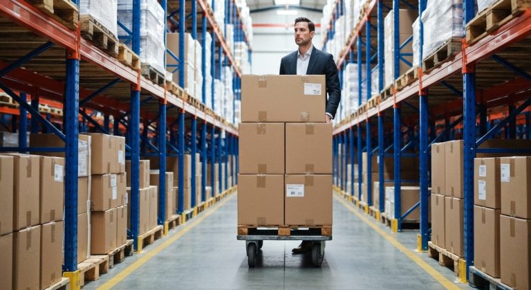 A person in professional attire pushing a warehouse cart down a quiet aisle during early morning hours.