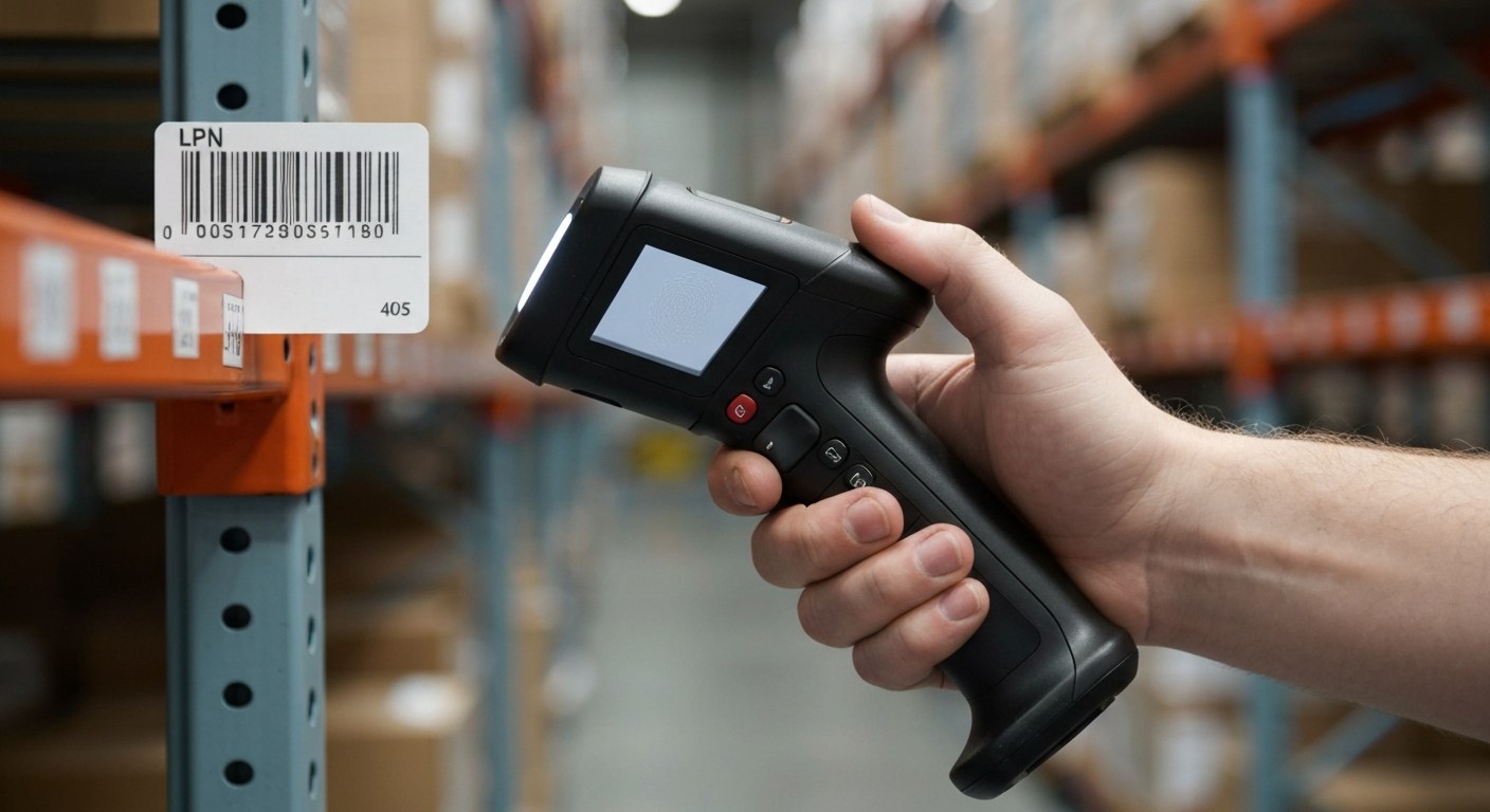 A warehouse worker's hand using a mobile scanner to read an LPN barcode label on a storage rack.