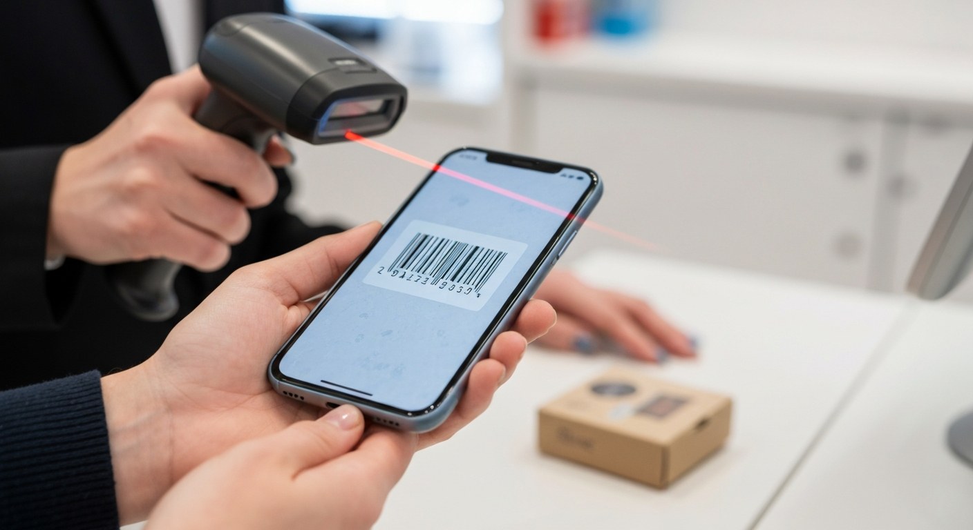 Close-up of a person holding a smartphone with a QR code being scanned by a retail worker in a store.