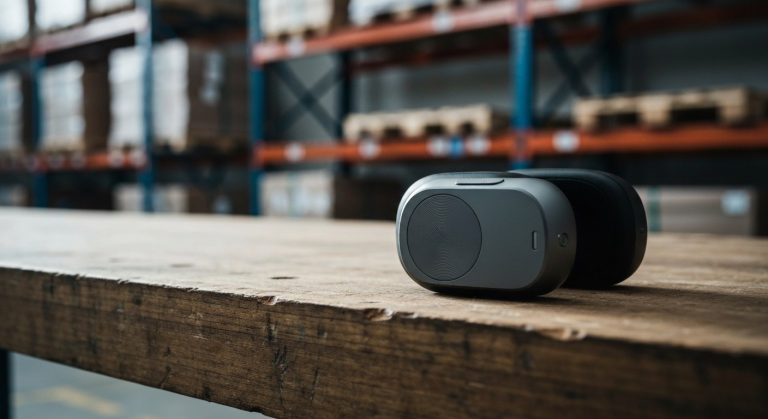 Close-up of premium headphones on a textured workbench, highlighting secondary market technology.