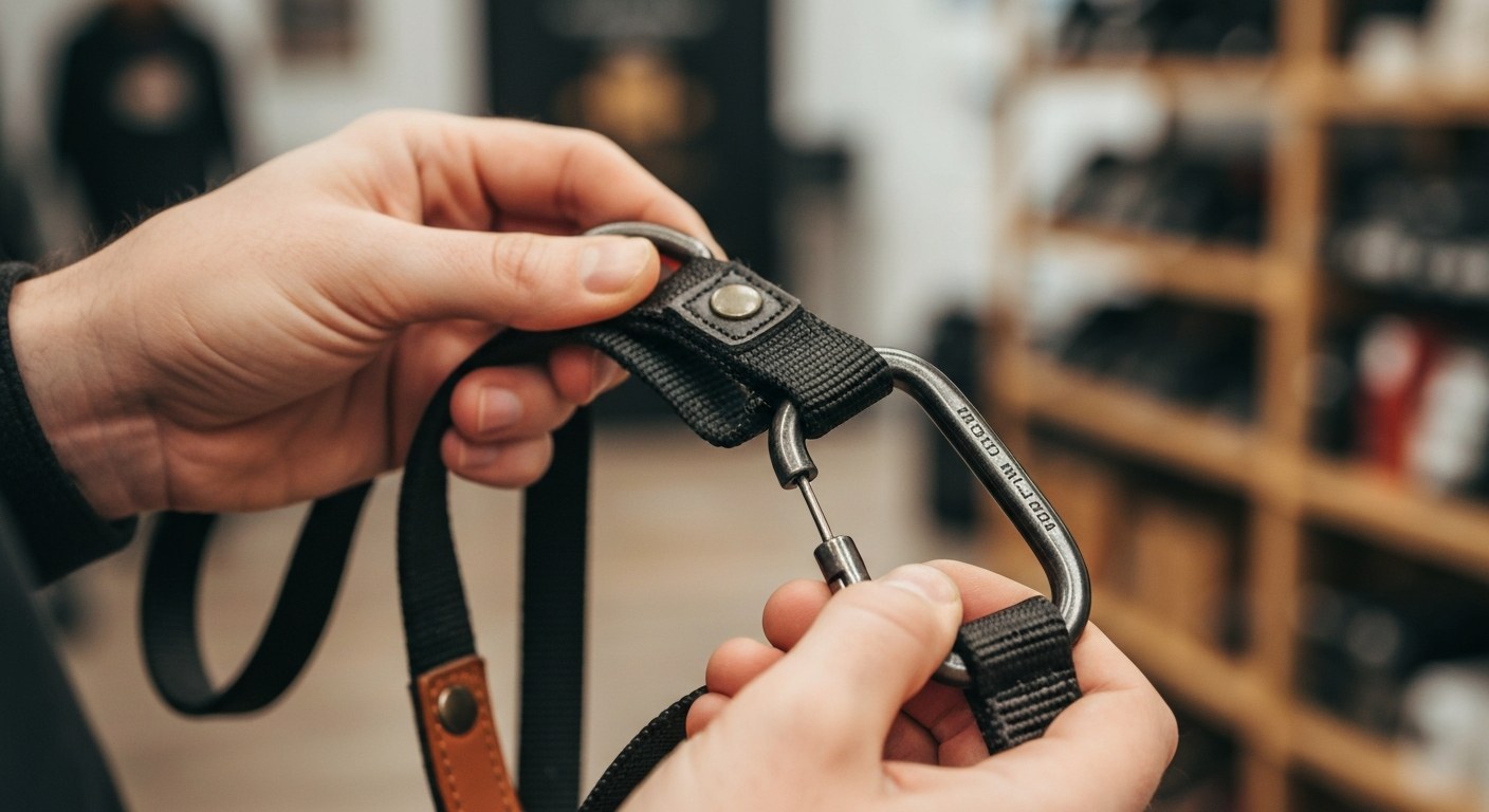 Close up of hands holding a short leash attached to a dog harness in a retail setting.