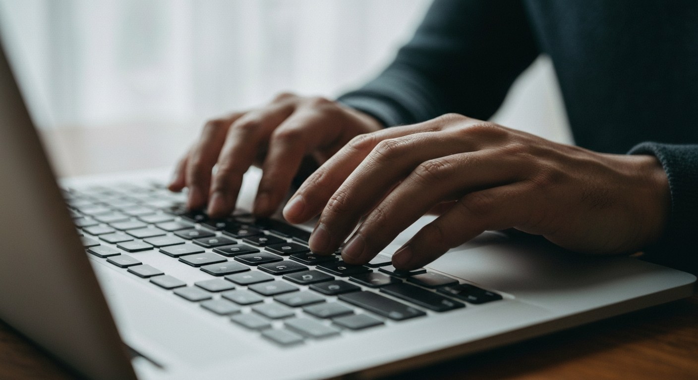 Safe Online Holiday Transactions Close-up of hands typing on a laptop to complete a secure online purchase.