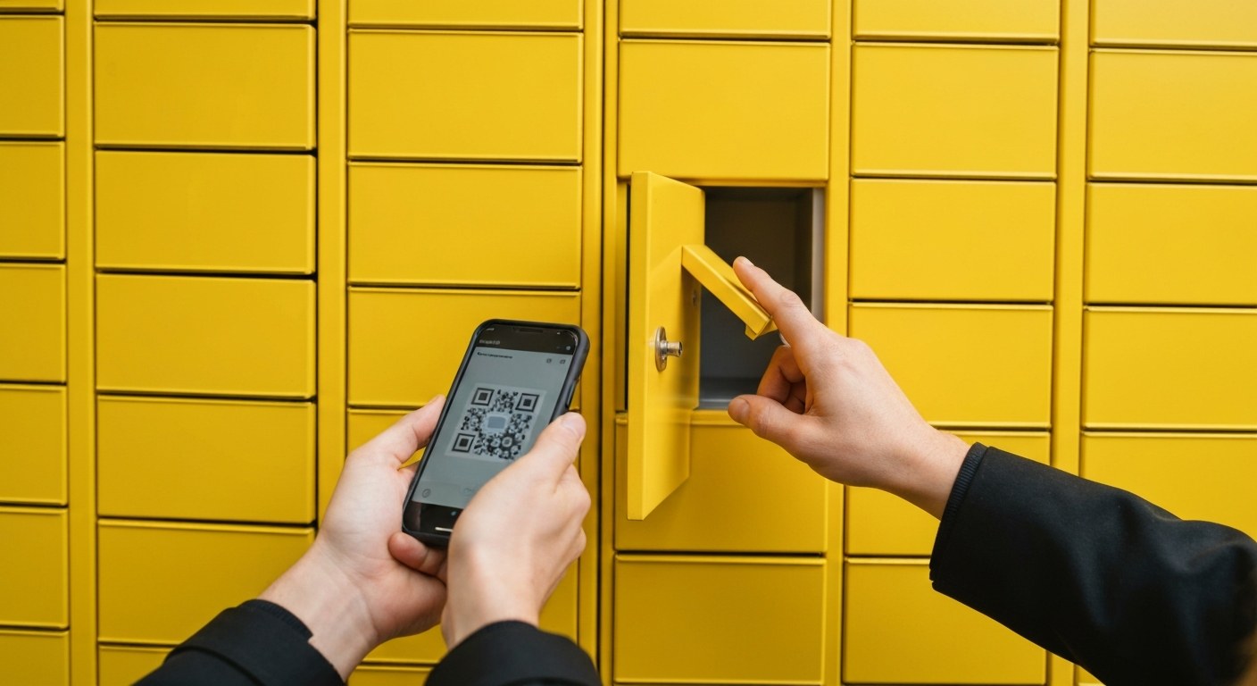 Close-up of hands scanning a phone at a yellow parcel locker bank to retrieve a package.