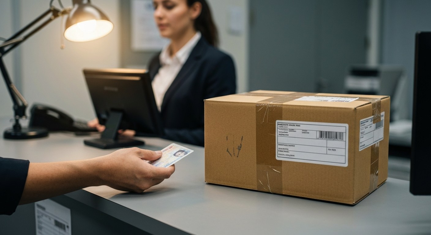 Secure Package Retrieval at Logistics Center A person hands their ID to a service clerk at a warehouse counter next to a large cardboard package.