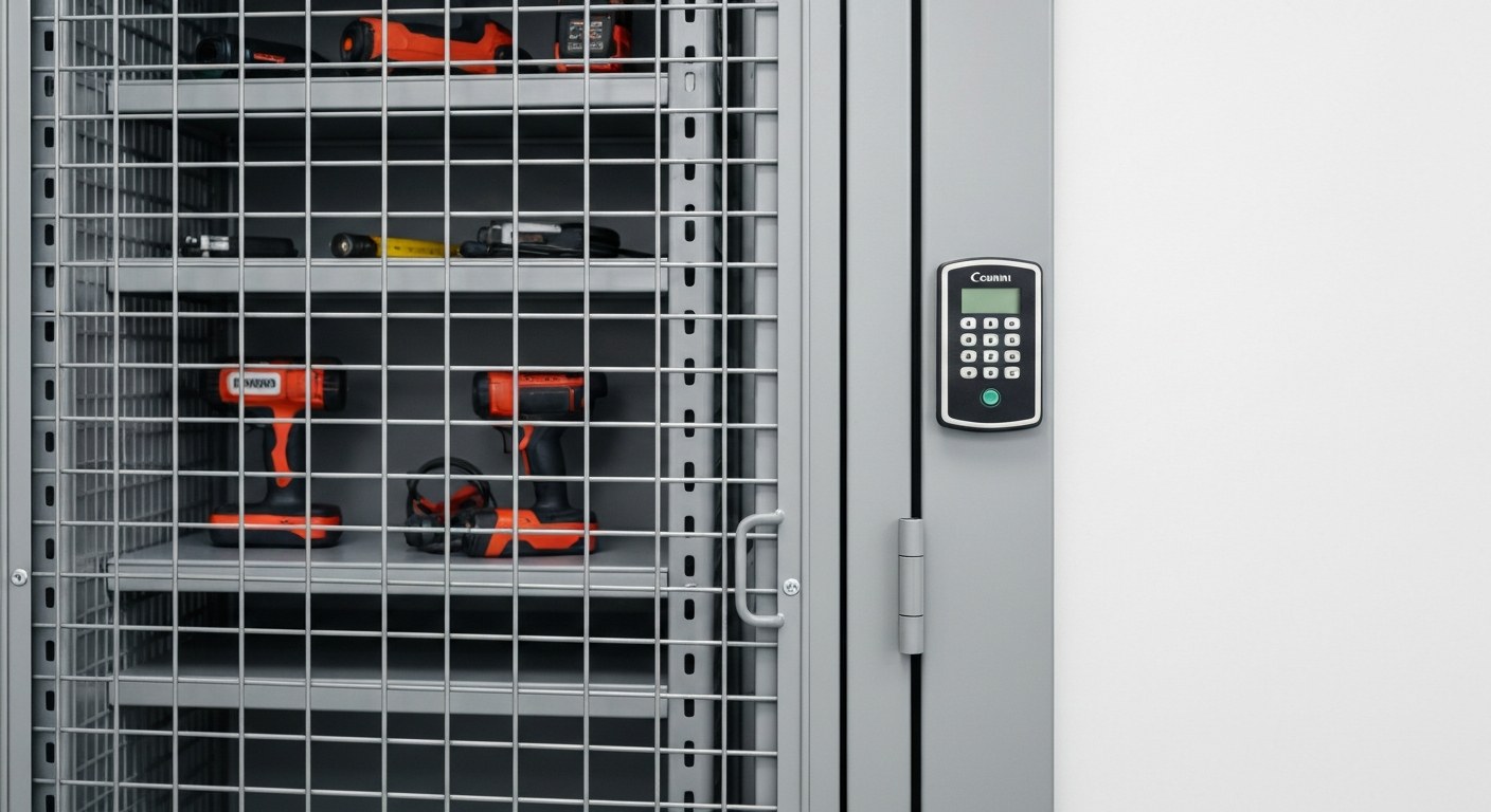 Secure Warehouse Tool Crib Storage A secure warehouse tool crib with power tools visible behind a locked 10-gauge wire mesh door and digital keypad.