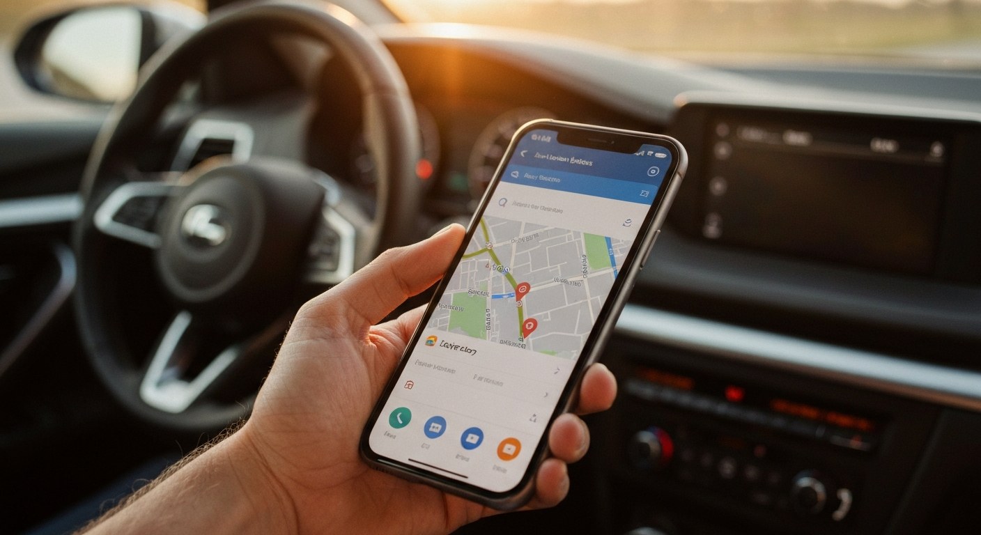 Tracking Amazon Flex Surge Pay A close-up of a driver's hand holding a smartphone showing a delivery route map inside a car during sunset.