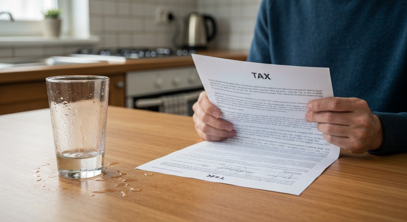 A person reviewing printed financial tax documents at a kitchen table.