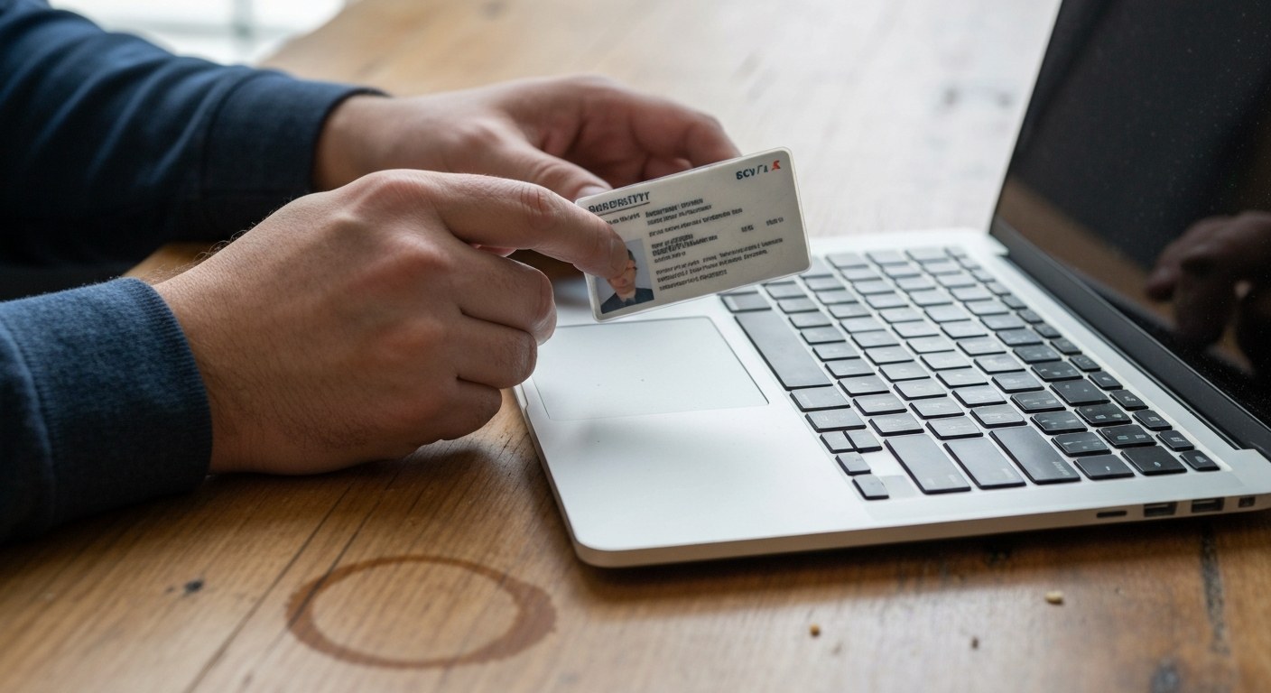 Secure Online Transaction Verification Hands holding an ID card next to a laptop on a wooden desk, shown in a shallow depth of field.