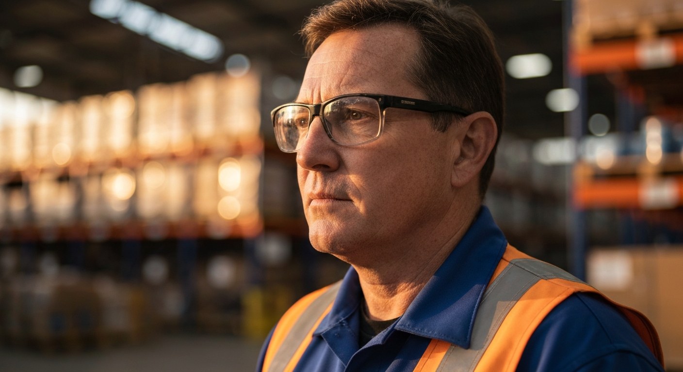 Close-up portrait of a senior warehouse employee in warm golden hour light.