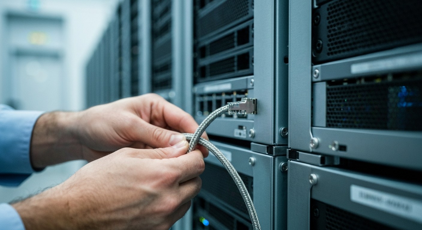 Close-up of hands working with server cables in a dimly lit, professional data center environment.