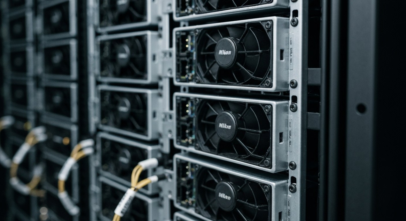 Close-up of server rack hardware with glowing status lights and blue ethernet cables in a data center.