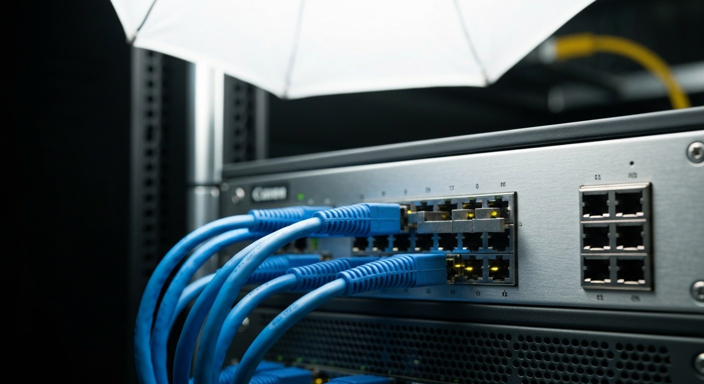 Cloud Native Data Warehousing Infrastructure Close-up of blue braided network cables connected to a brushed aluminum server rack in a data center.