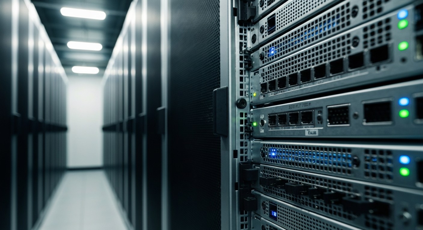 Modern Data Infrastructure Modern server room with rows of rack-mounted hardware and industrial cabling.