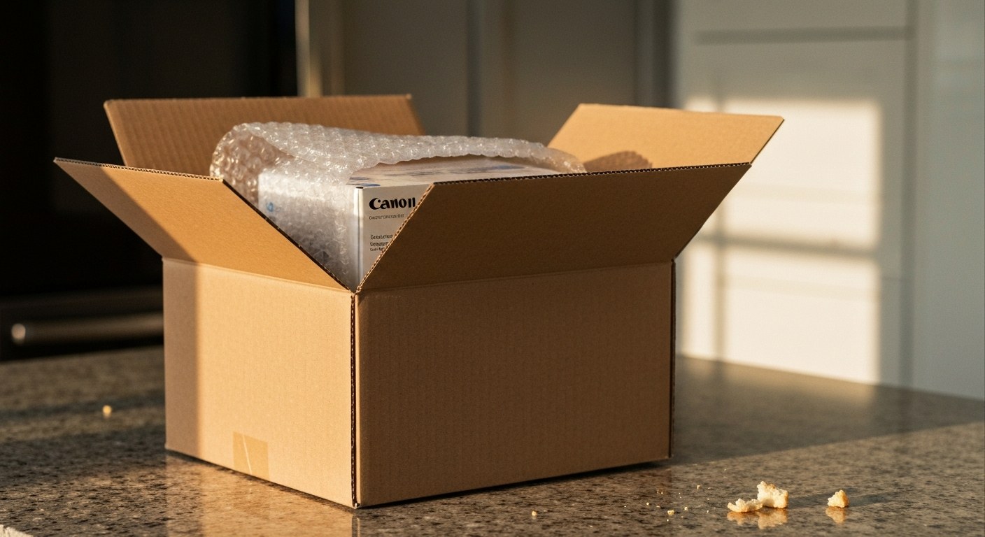 Home Delivery of Essential Medical Supplies An open cardboard shipping box on a kitchen counter with bubble wrap and a small medical kit inside.