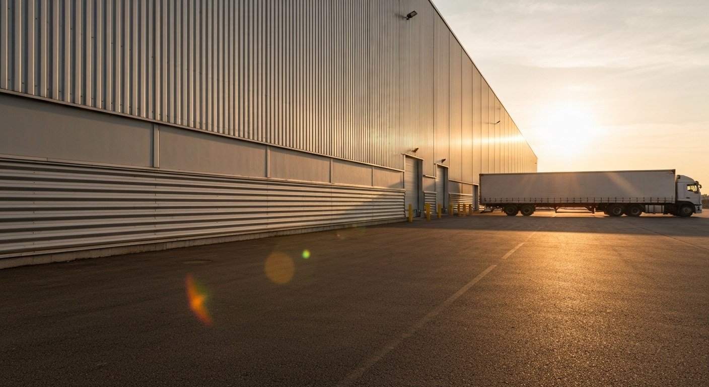 A large distribution center building exterior during sunset with a delivery truck parked at the bay.