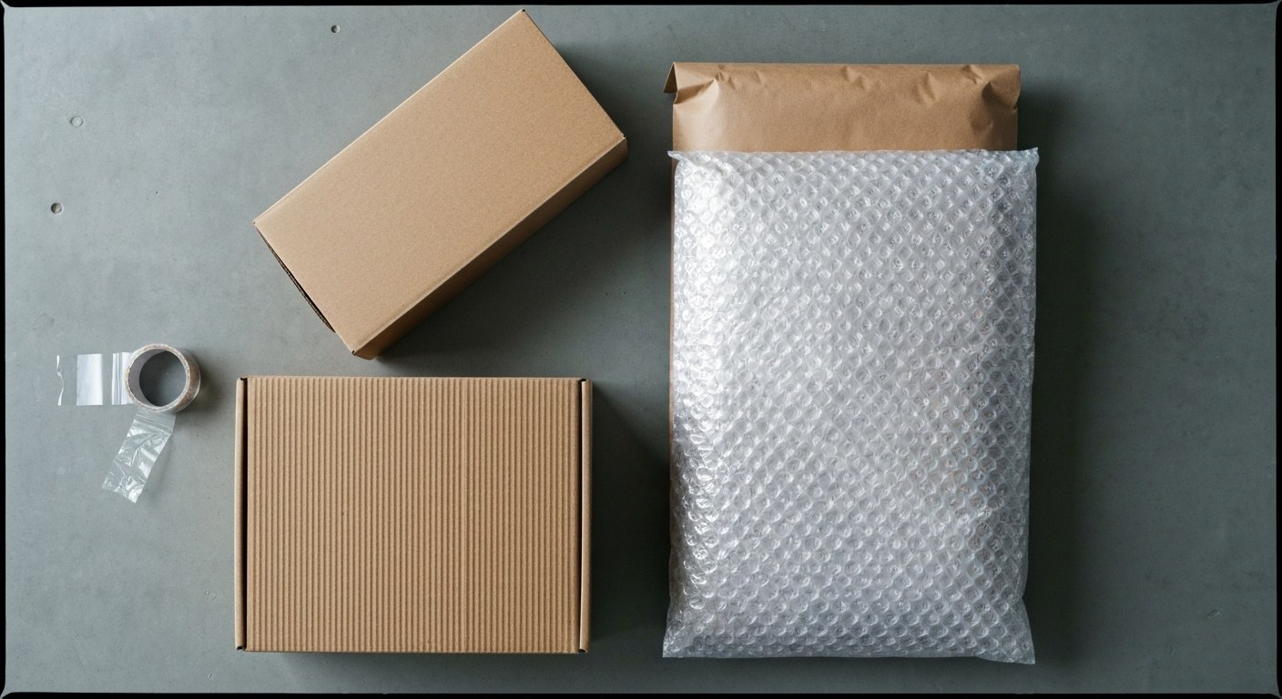 An overhead shot of various shipping containers including a cardboard box, a paper mailer, and a bubble envelope.