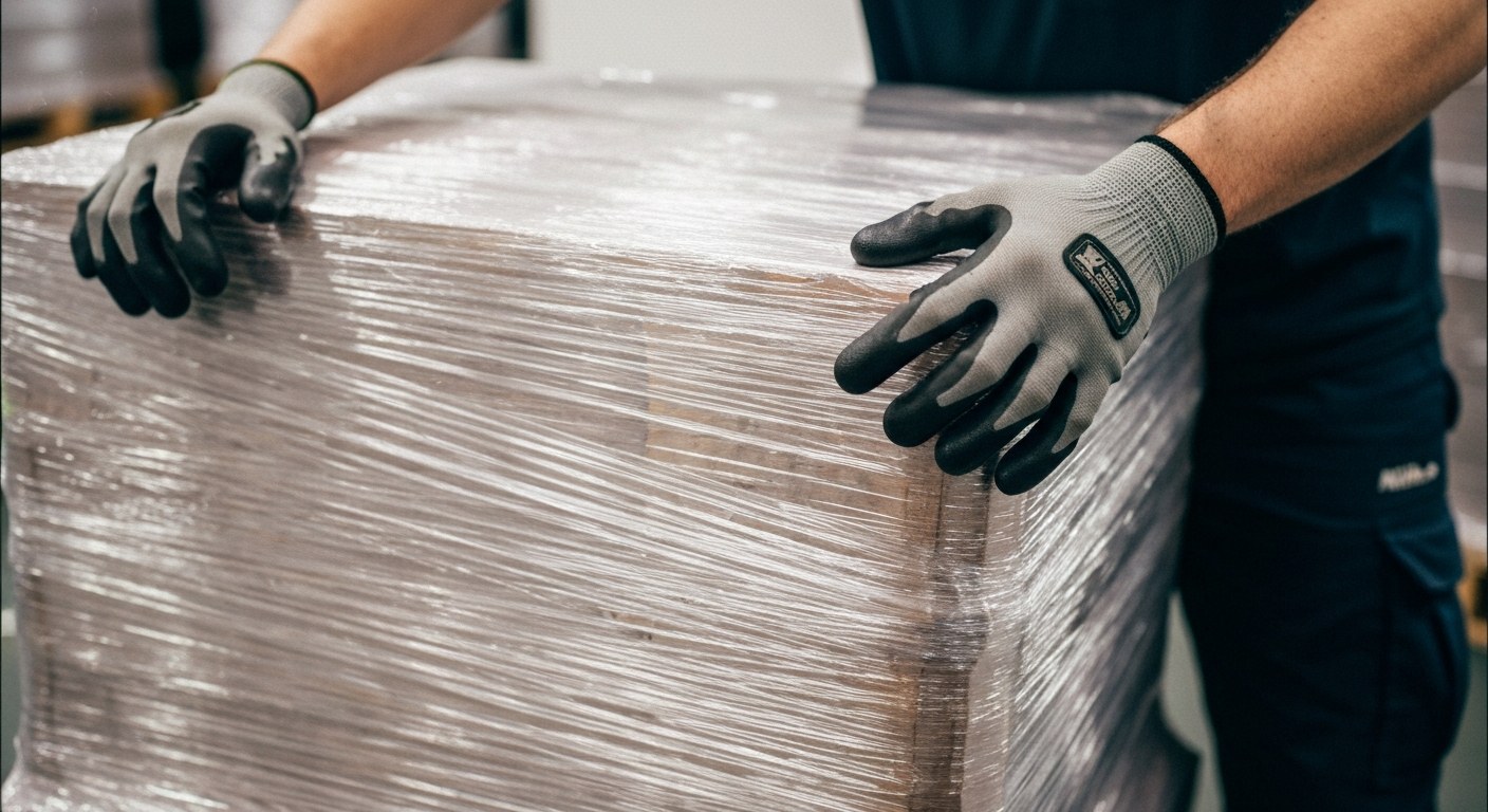 Close-up of silicone-fused palm gloves providing grip on a slippery, plastic-wrapped pallet in a warehouse.