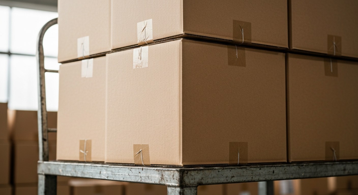 Efficient SIPP Logistics A stack of eco-friendly shipping boxes on a metal warehouse cart in a brightly lit logistics center.