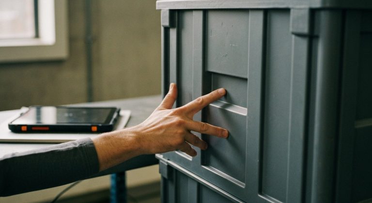 Close-up of a hand resting on a grey industrial shipping crate in a warehouse with soft natural light.
